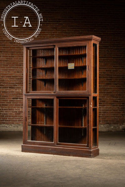 Antique Quarter Sawn Oak Merchandising Showcase Cabinet with Sliding Glass Doors
