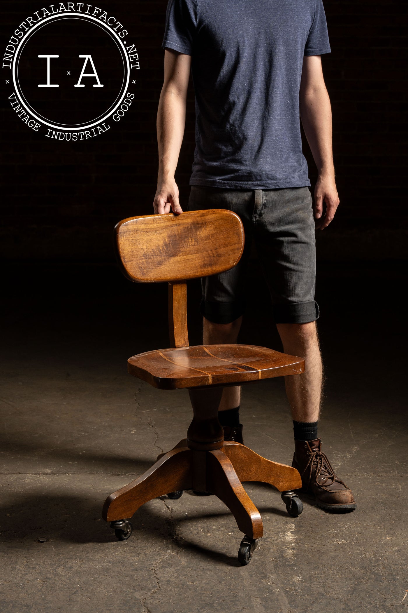 Vintage Wooden Rolling Office Chair on Casters