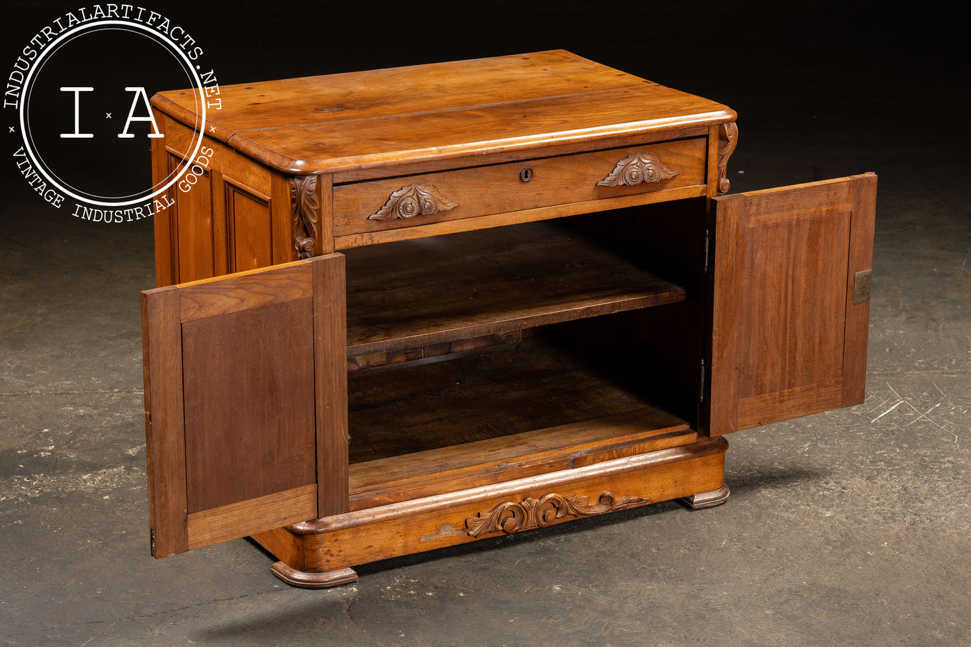 Antique Carved Wooden Lowboy Storage Cabinet