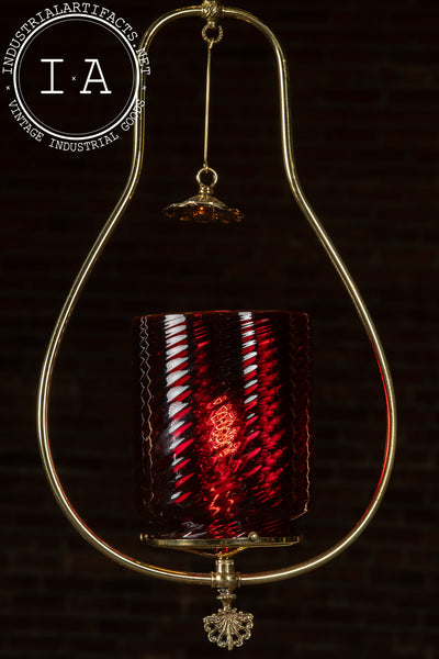 Mid-Century Brass Pendant Lamp with Cranberry Glass Shade