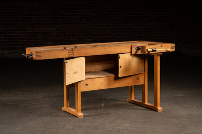 Mid-Century Maple Woodworking Bench with Dual Vises and Cabinet Storage