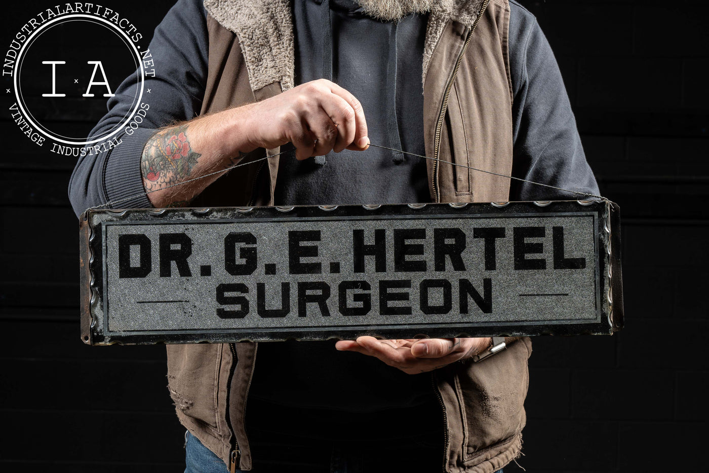 Antique "Dr. G.E. Hertel, Surgeon" Foil-Backed Scalloped-Edged Glass Sign