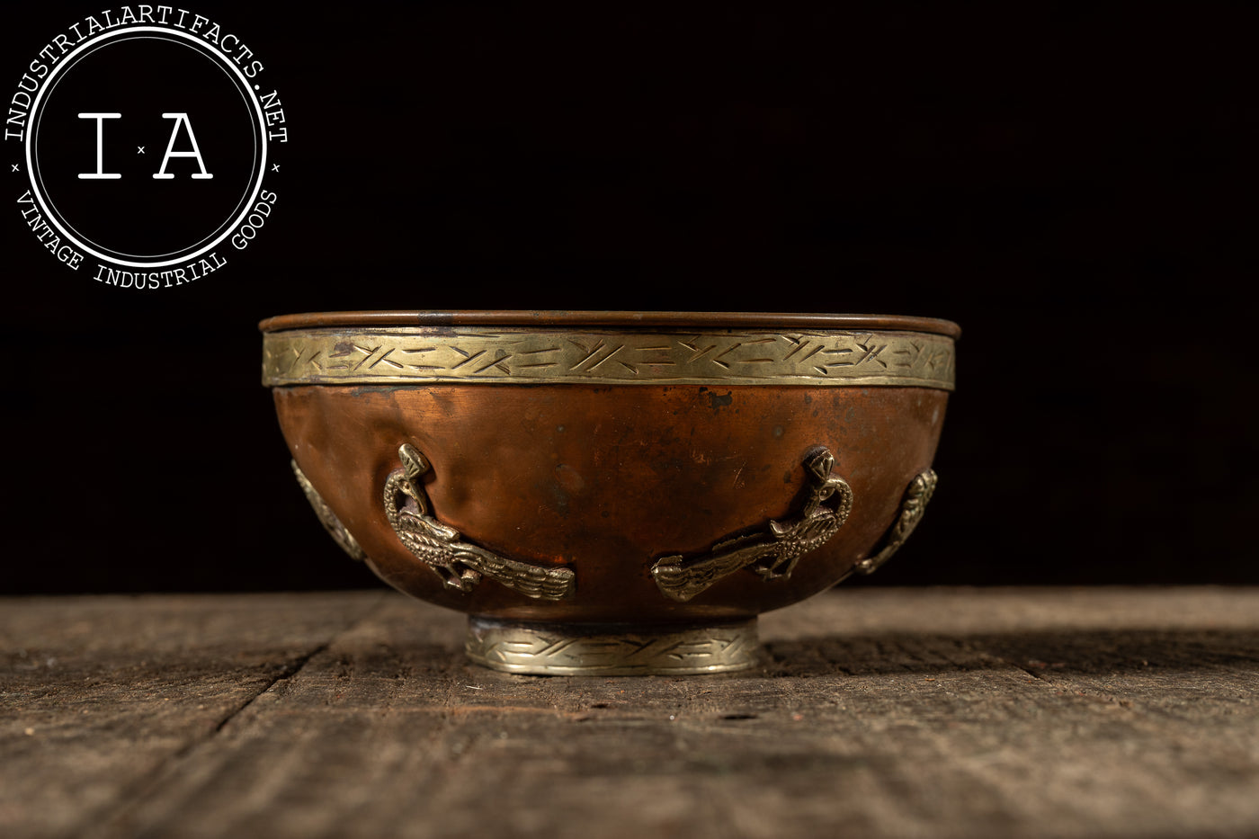 Antique Middle Eastern Copper and Brass Bowl with Applied Motifs