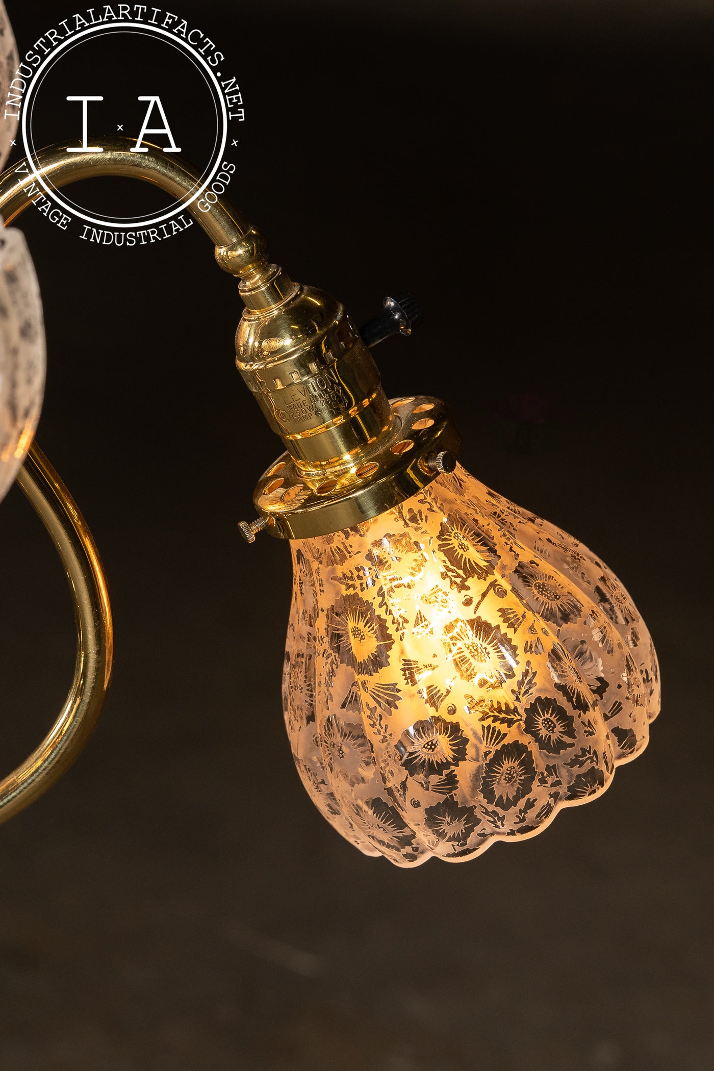 Vintage Brass Chandelier with Etched Glass Shades