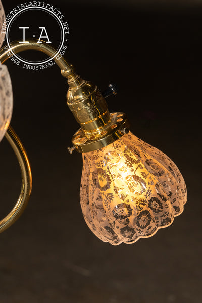 Vintage Brass Chandelier with Etched Glass Shades