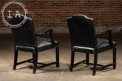 Pair Of Black Leather Revival Armchairs with Nailhead Trim