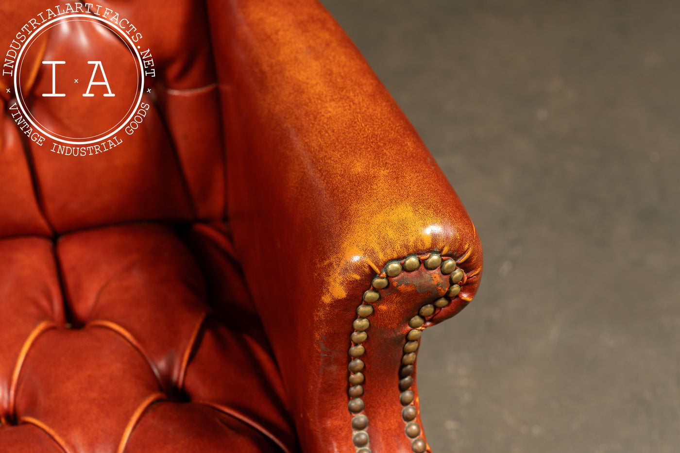 Vintage Wingback Tufted Armchair With Ottoman in Burnt Orange