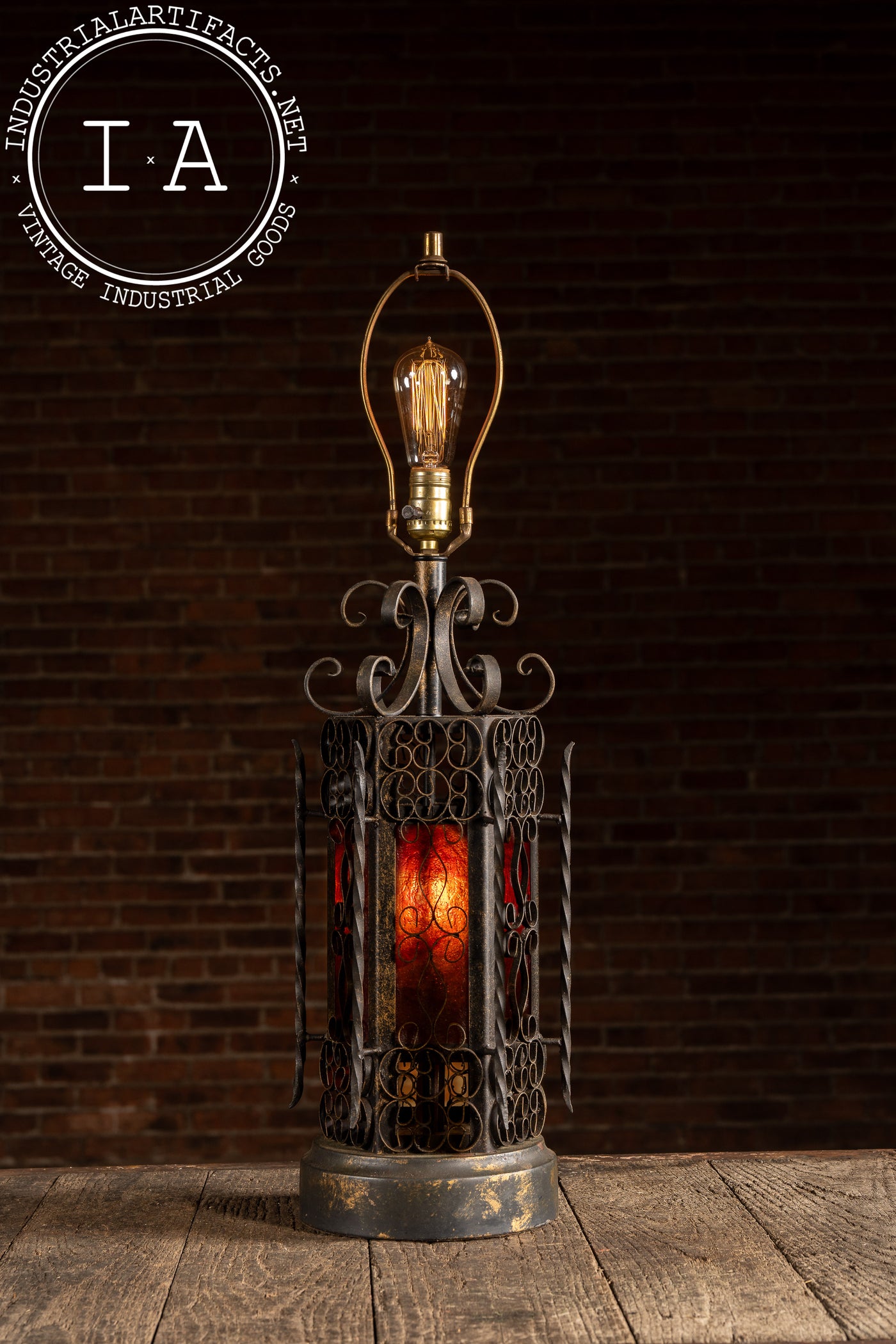 Vintage Spanish Revival Wrought Iron Table Lamp with Mica Shade Panels