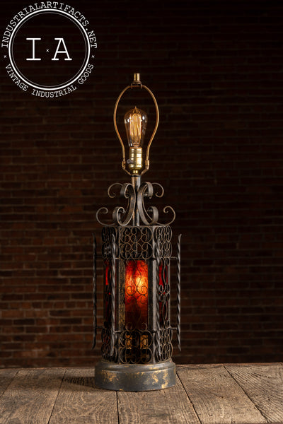 Vintage Spanish Revival Wrought Iron Table Lamp with Mica Shade Panels