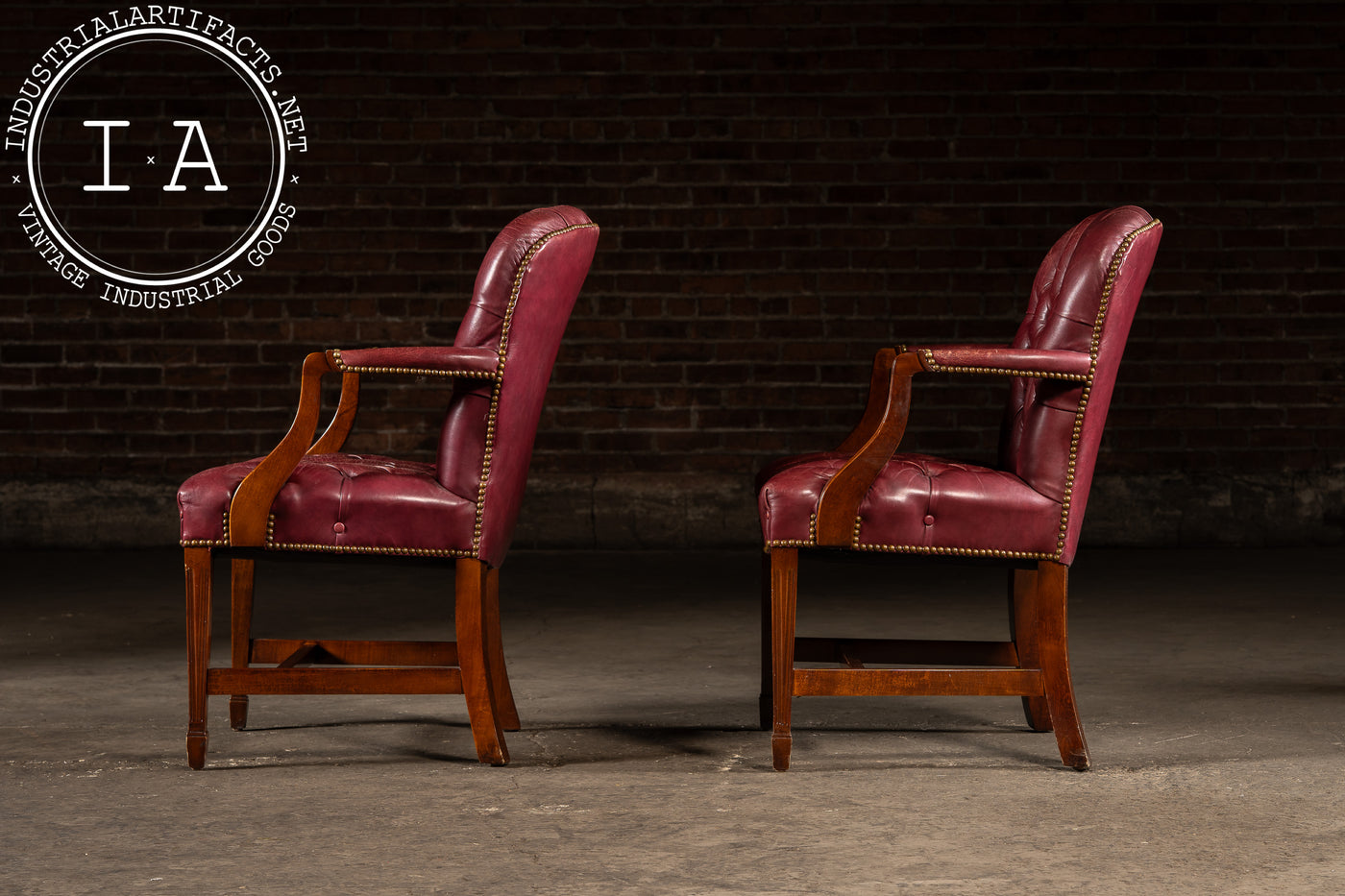 Pair of Tufted Leather Round-Back Dining Chairs in Burgundy