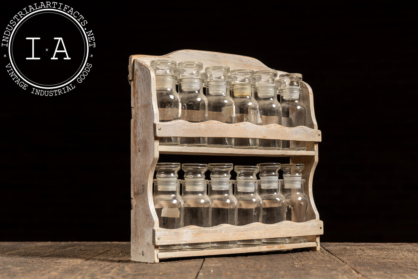 Early Apothecary Bottle Rack with Twelve Glass Stoppered Vials