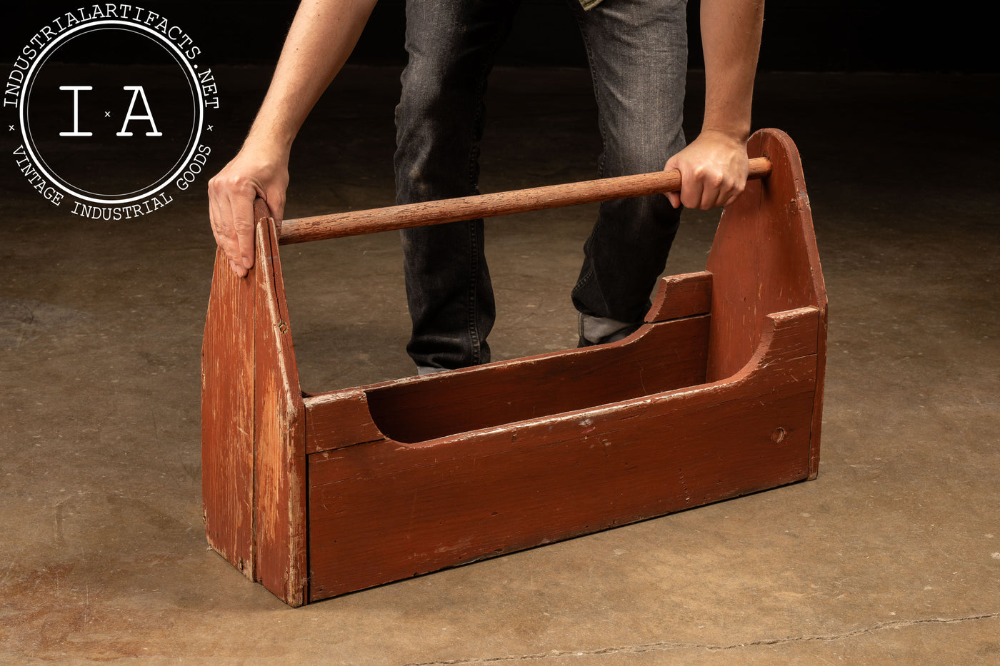 Large Early Wooden Toolbox in Red