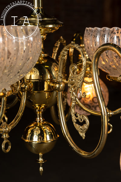 Vintage Brass Chandelier with Etched Glass Shades