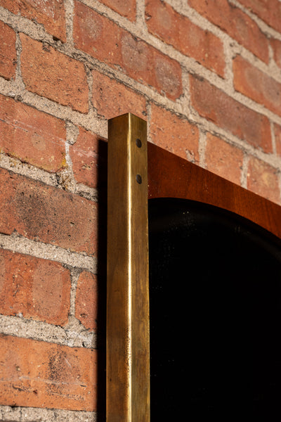 Antique Machine Age Brass and Wood Framed Mirror