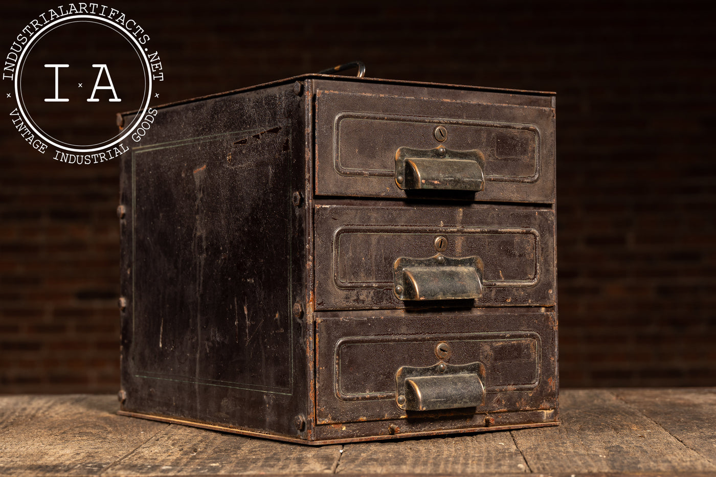 Antique 3-Drawer Heavy Riveted Steel Strongbox with Japanned Handles
