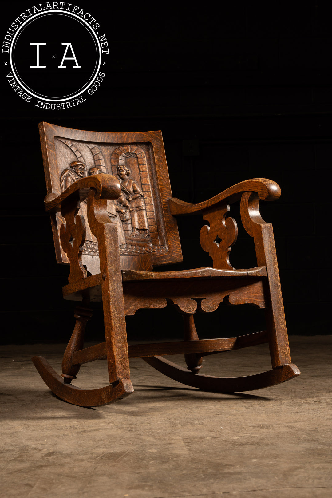 art nouveau antique peace lily carved oak rocking chair Early 20th Century Carved Oak Rocking Chair – Industrial Artifacts