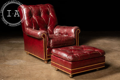 Vintage Tufted Armchair and Ottoman Set in Burgundy