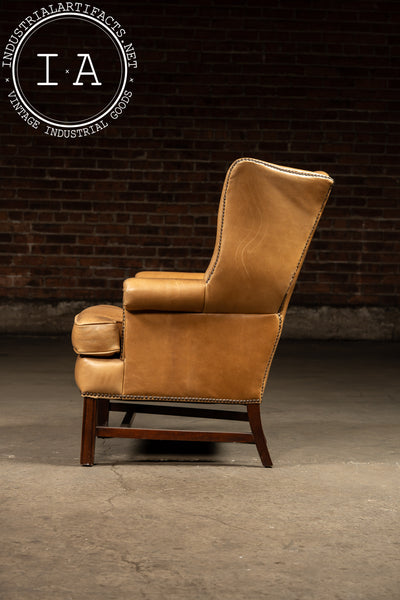 Vintage Leather Wingback Armchair With Ottoman in Tan
