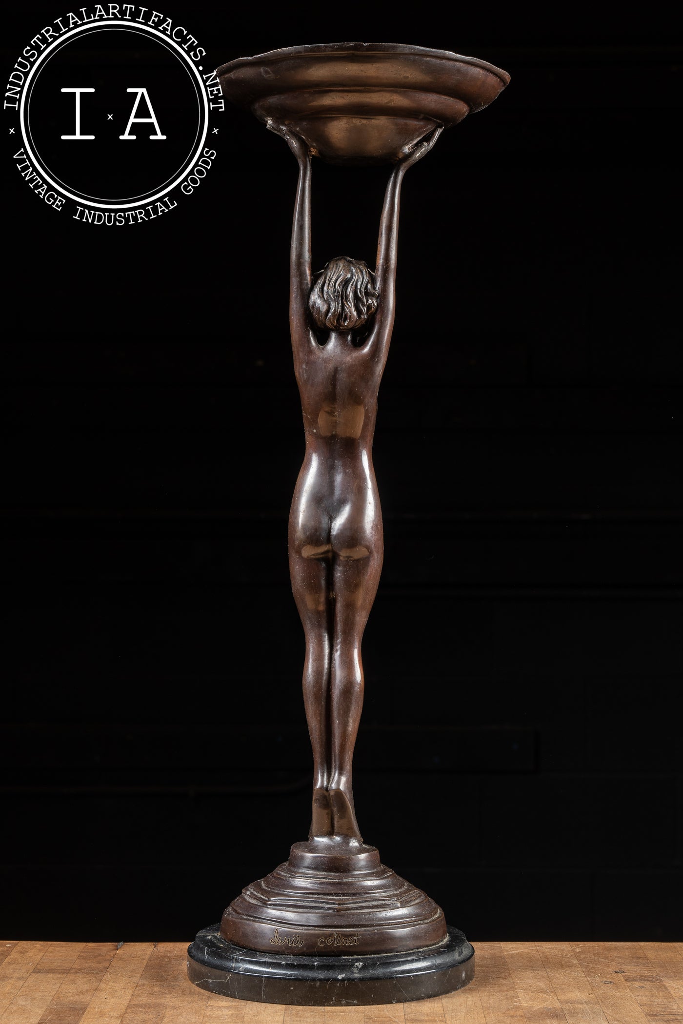 Art Deco Bronzed Spelter Nude Woman Standing Ashtray | Signed