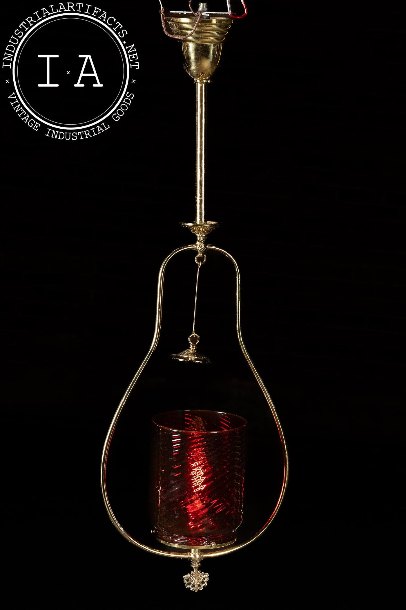 Mid-Century Brass Pendant Lamp with Cranberry Glass Shade