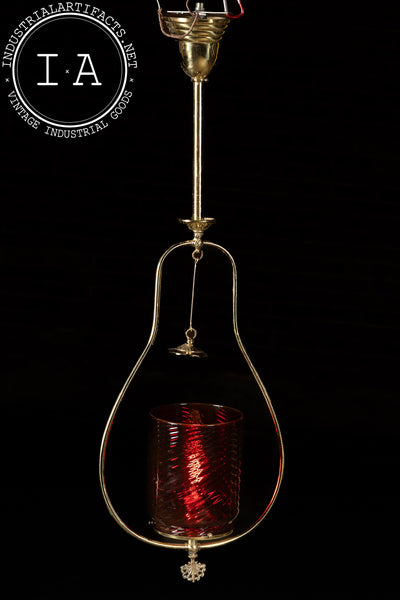 Mid-Century Brass Pendant Lamp with Cranberry Glass Shade