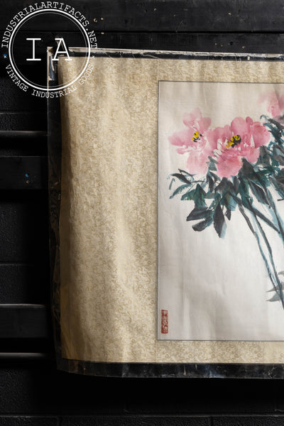 Asian Fabric and Paper Peonies Good Luck Scroll Art