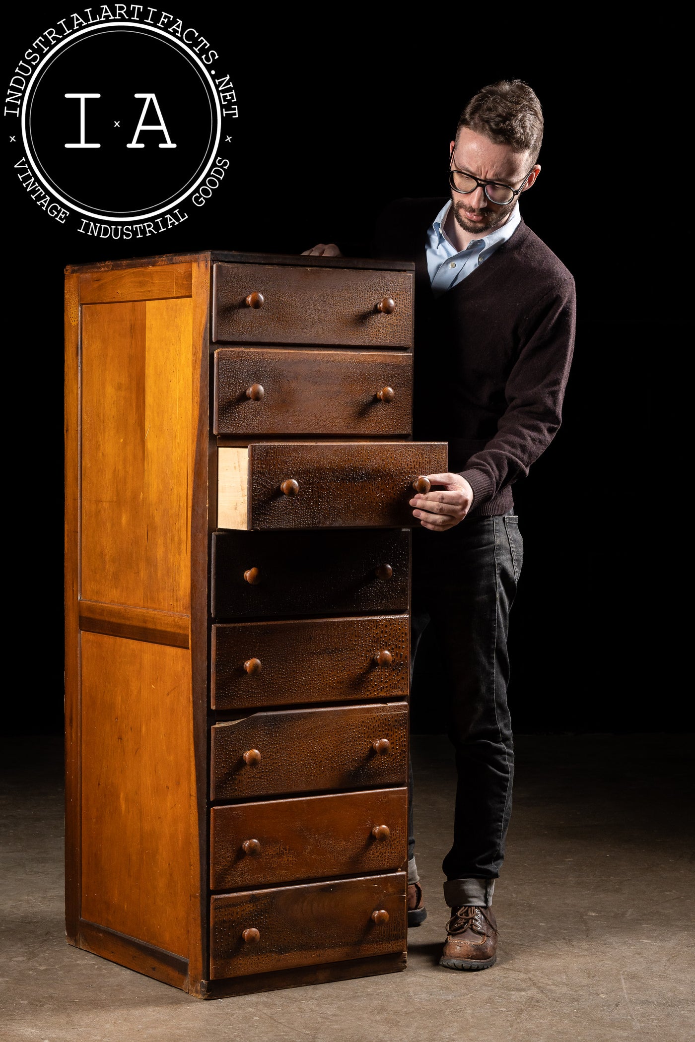 Antique Oak and Plywood Crazed Parts Cabinet
