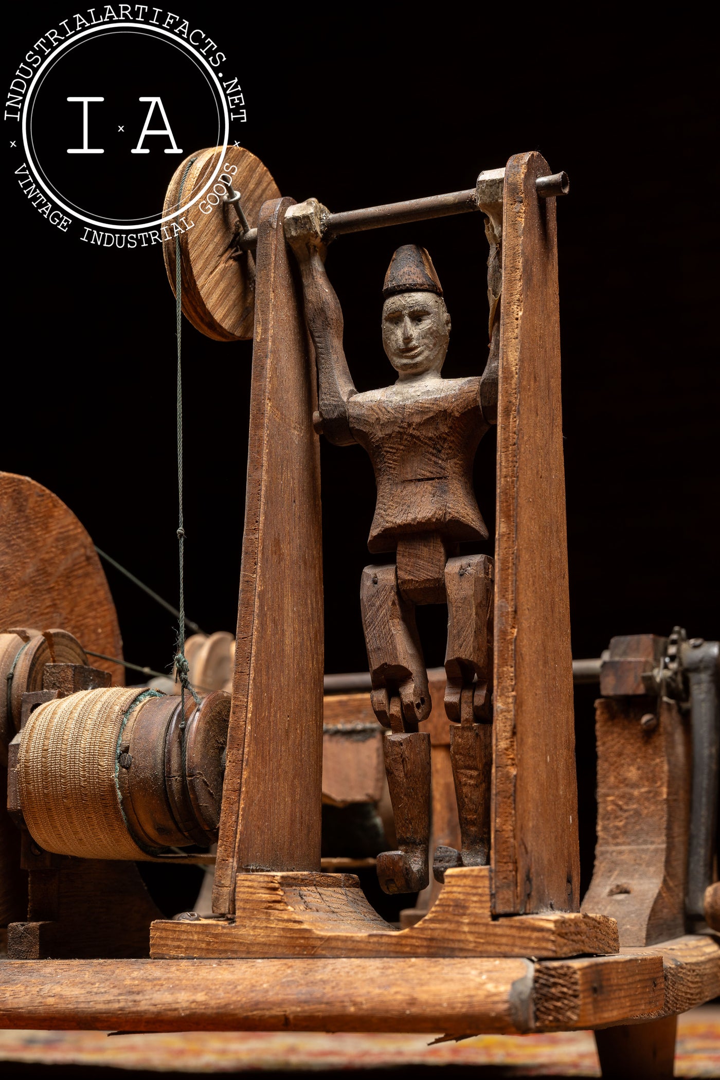 Antique Hand-Crank Mechanical Wooden Folk Art Blacksmith Model