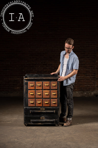 Wooden 14 Drawer Rolling Shop Cabinet in Distressed Black