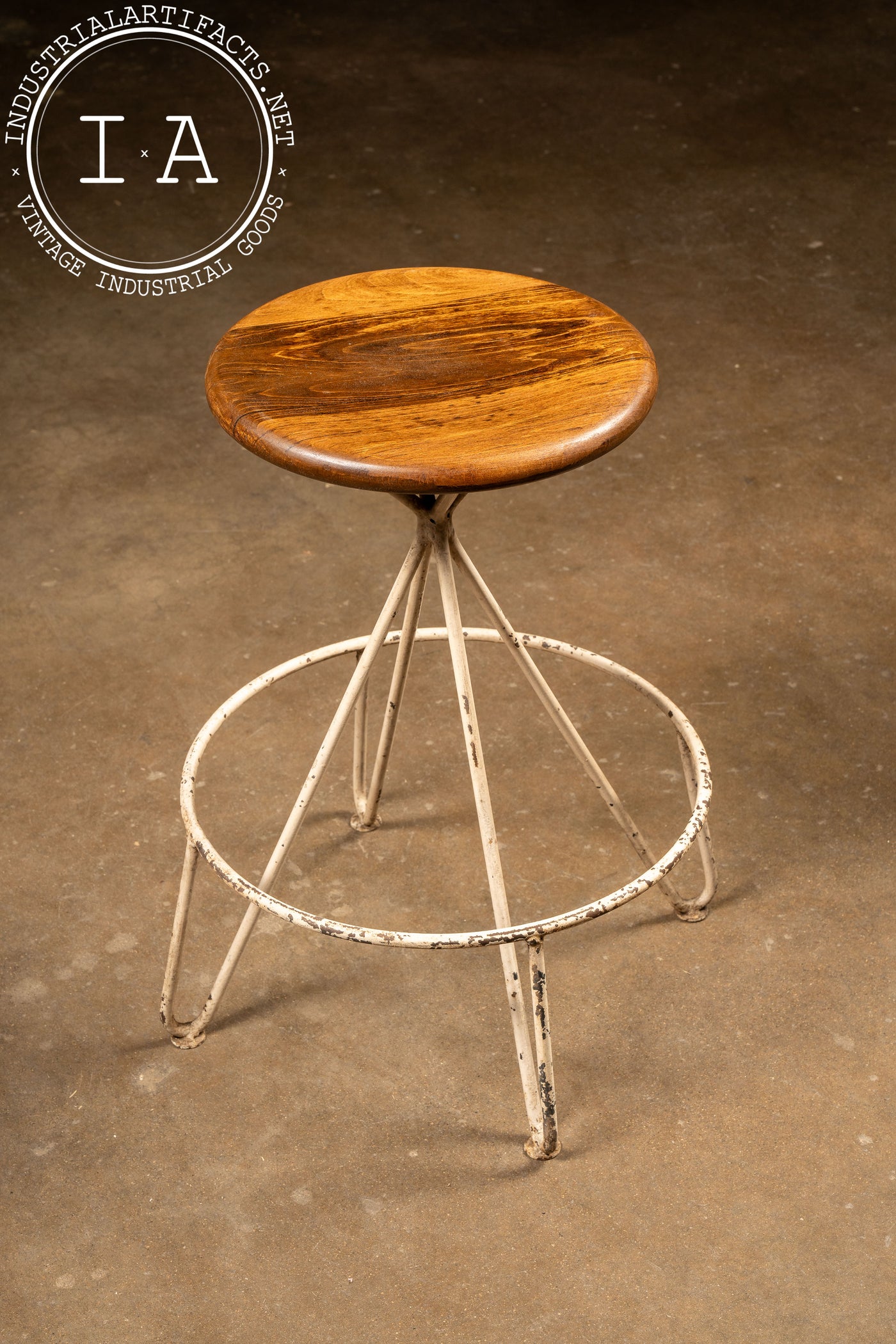 Mid-Century Iron and Oak Barstool with Upholstered Cushion