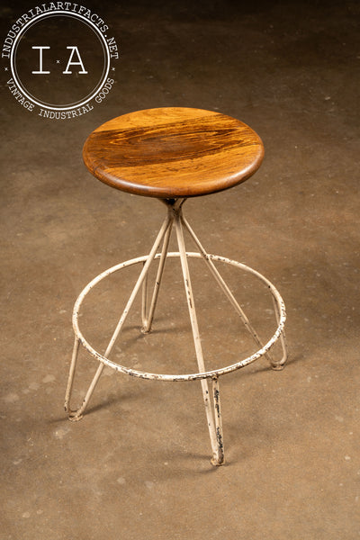 Mid-Century Iron and Oak Barstool with Upholstered Cushion