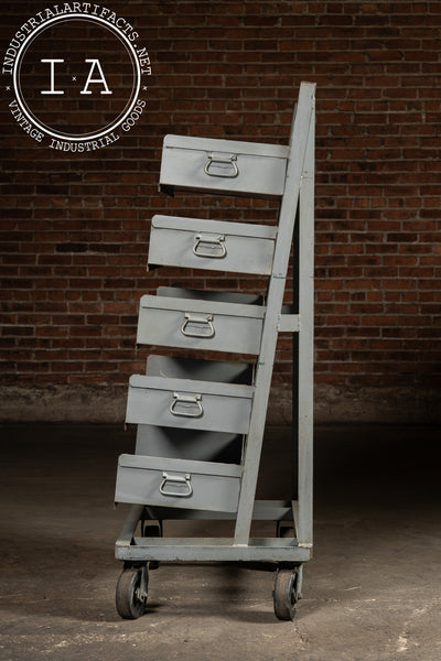 Vintage Gray Industrial Tilt-Bin Cart with Five Adjustable Drawers on Casters