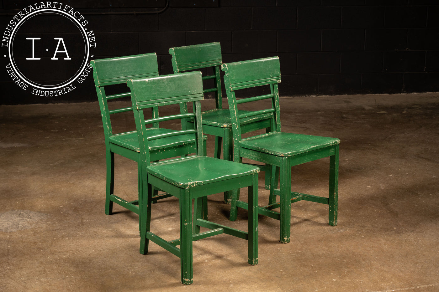 Set of Four Early 20th Century Ladder Back Kitchen Chairs in Green