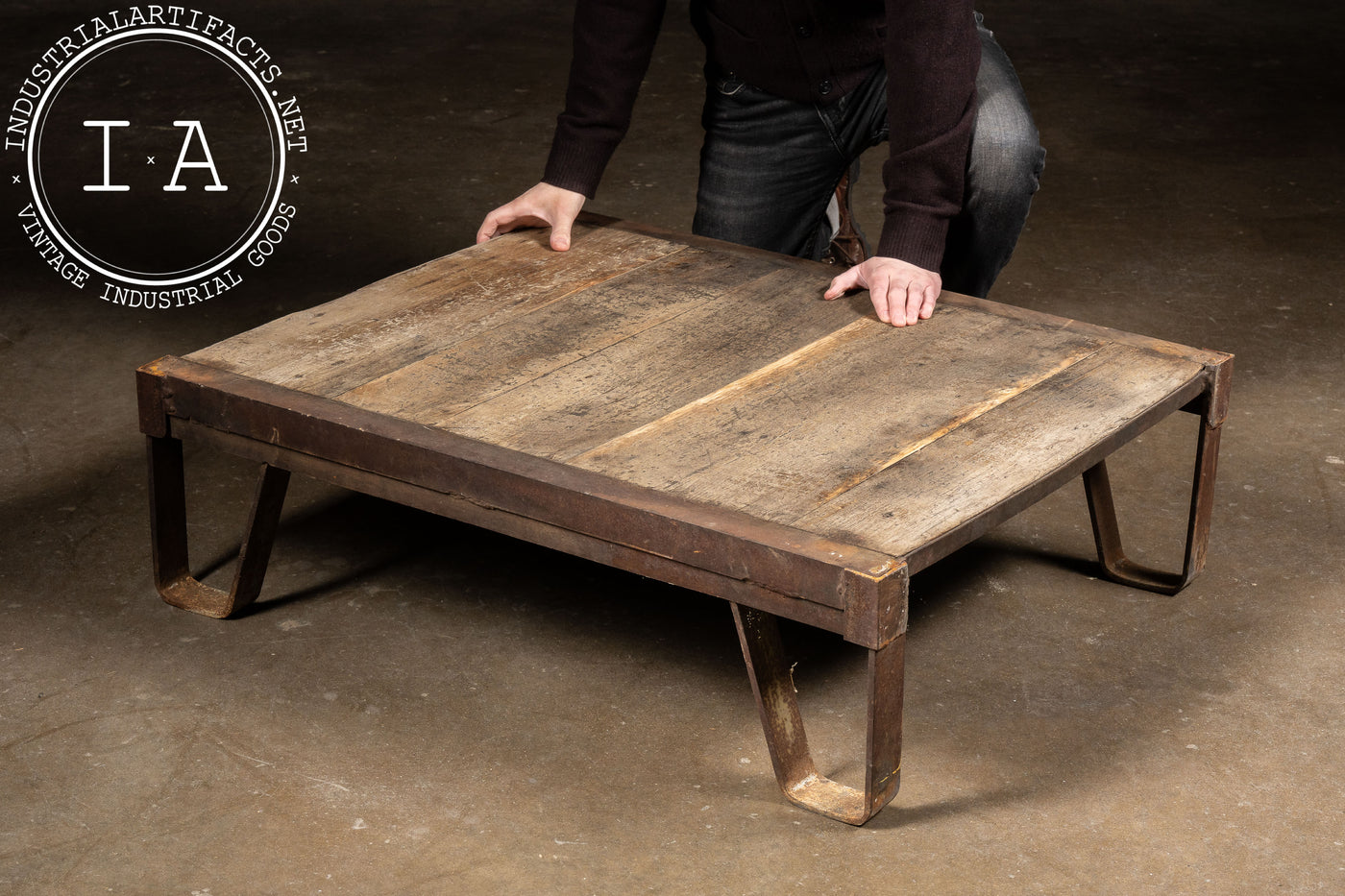 Antique Industrial Wood and Cast Iron Pallet Coffee Table