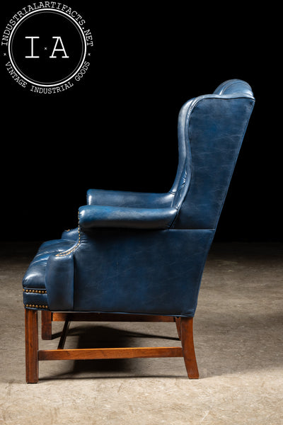 Vintage Tufted Leather Wingback Chair with Matching Ottoman in Blue