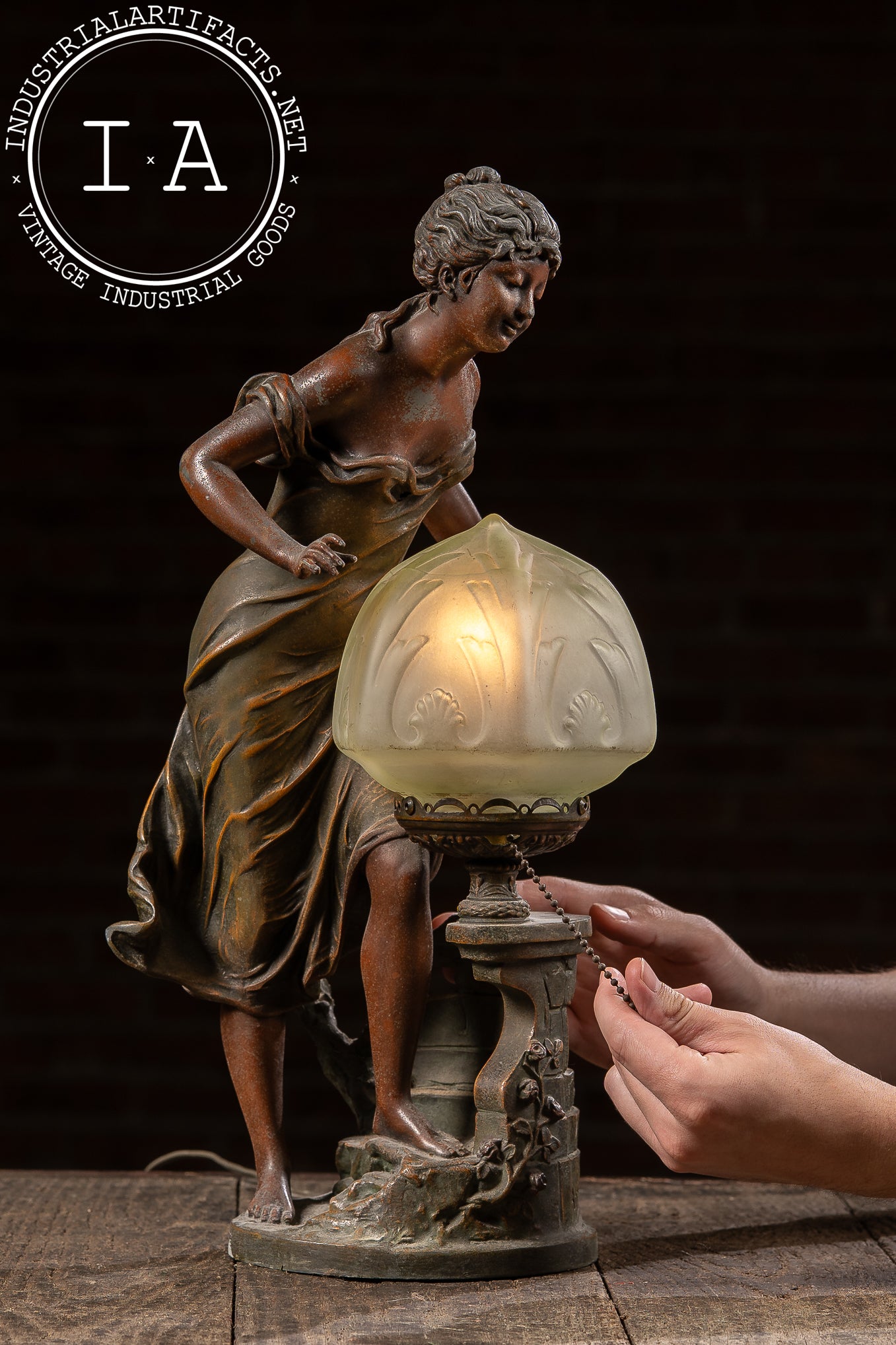 Art Nouveau Figural Lamp with Uranium Glass Shade by Anglade