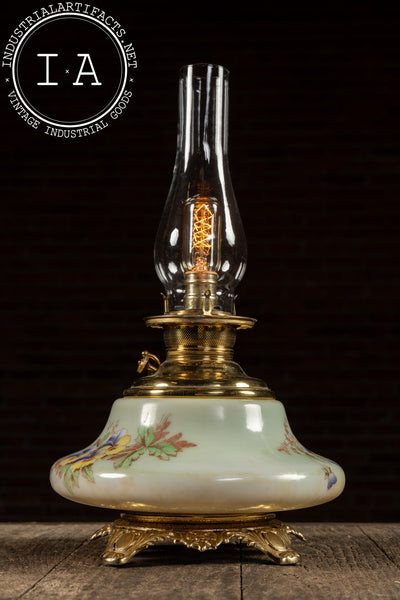 Late 19th Century Hand-Painted "Juno" Glass Oil Lamp with Floral Motif