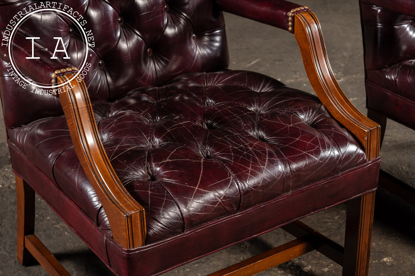 Pair of Tufted Leather Square-Back Dining Chairs in Oxblood