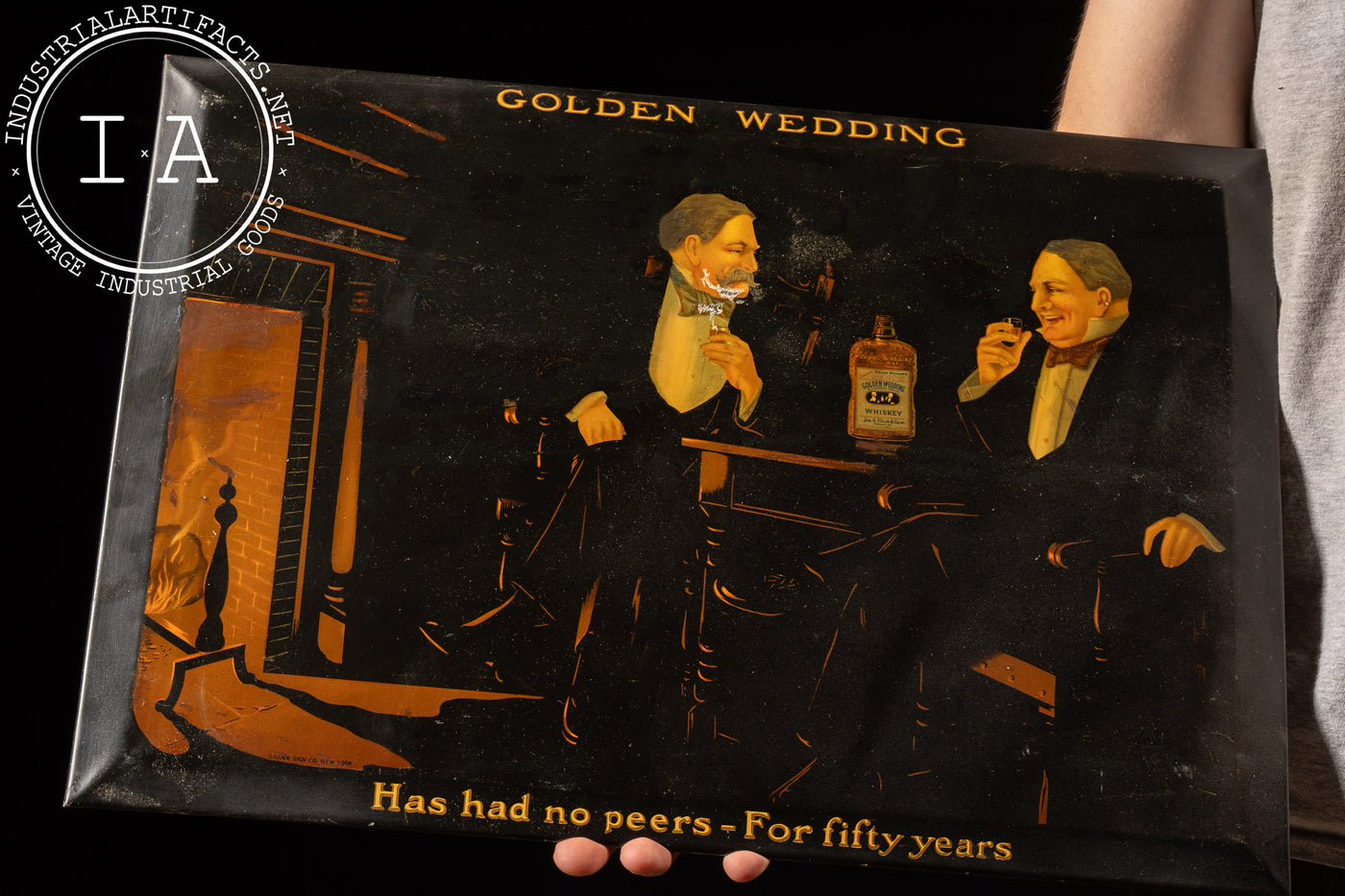 Antique Golden Wedding Tin Litho Sign with Original Antique Bottle