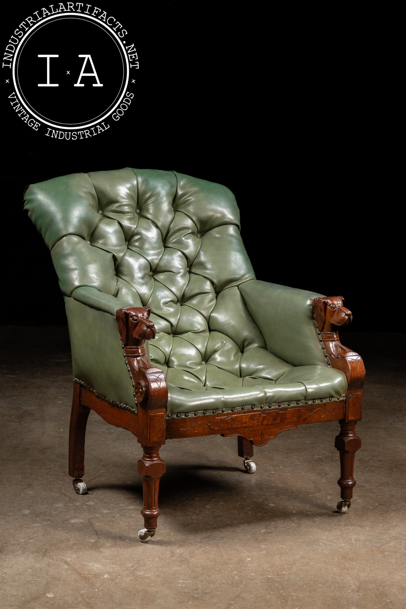 Antique Tufted Leather Lounge Armchair with Carved Dog Accents in Green