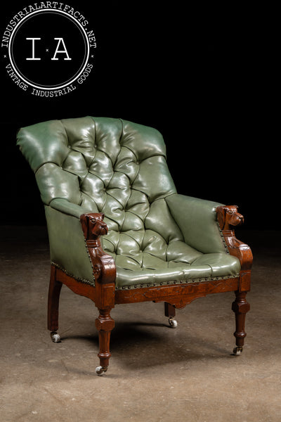 Antique Tufted Leather Lounge Armchair with Carved Dog Accents in Green