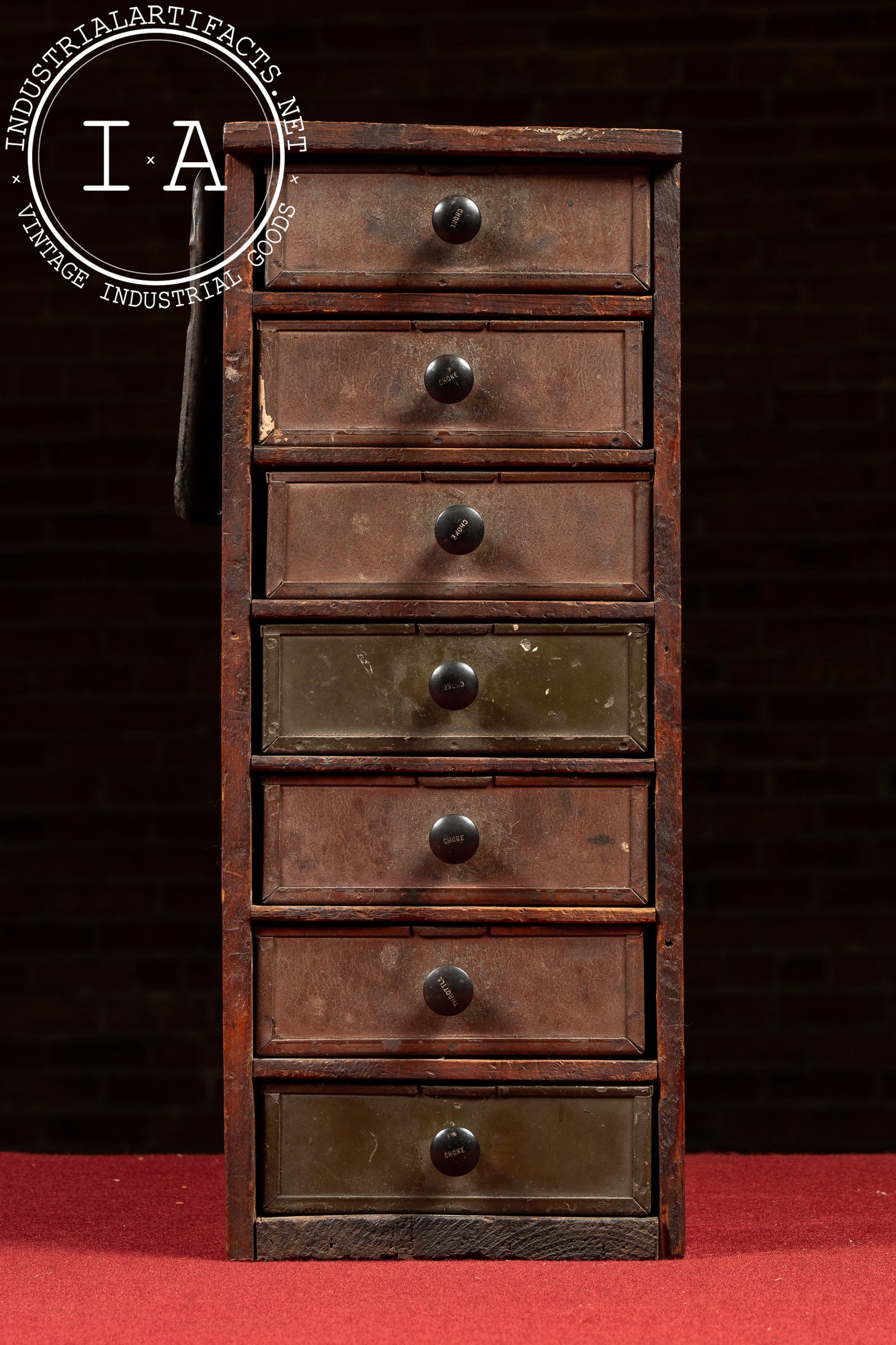 Early Wooden Parts Cabinet with Metal Drawers