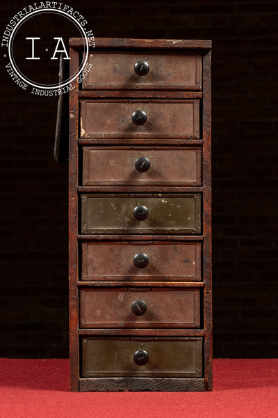 Early Wooden Parts Cabinet with Metal Drawers