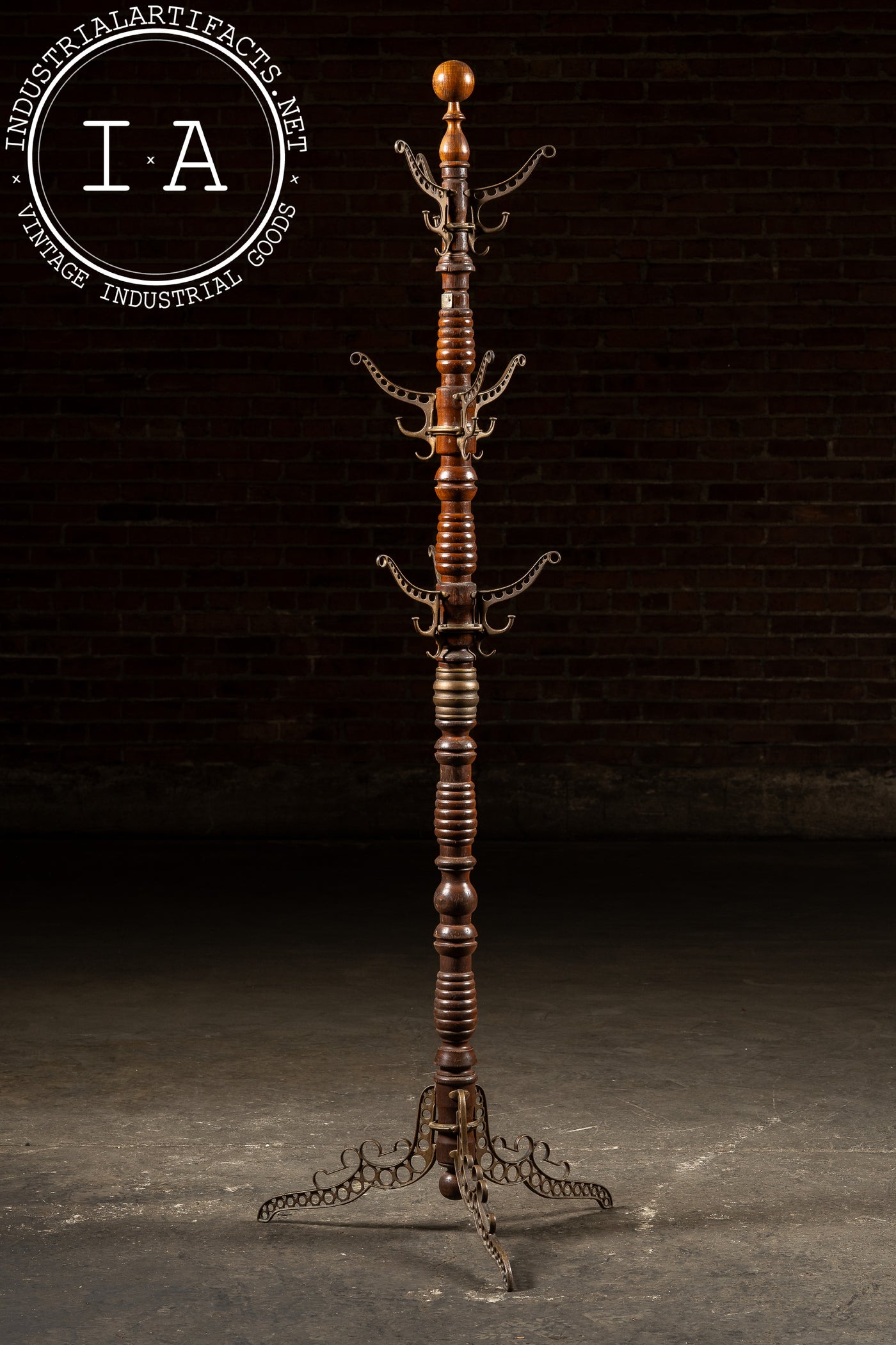 Late 19th Century Turned Oak and Cast Iron Coat Tree by Udell Works
