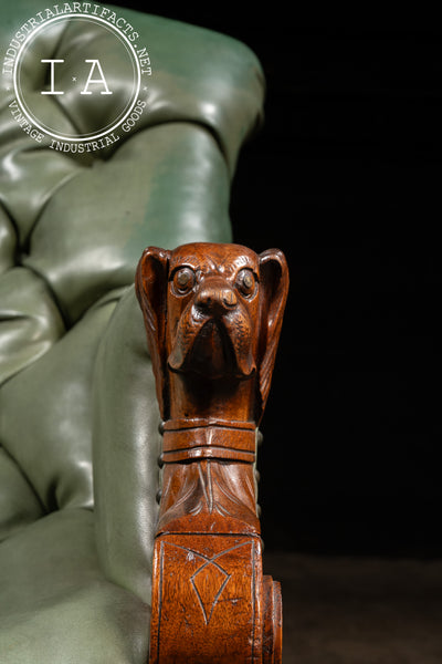 Antique Tufted Leather Lounge Armchair with Carved Dog Accents in Green