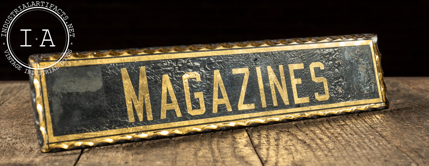 Antique Reverse-Foil Scalloped Glass “MAGAZINES” Rack Sign