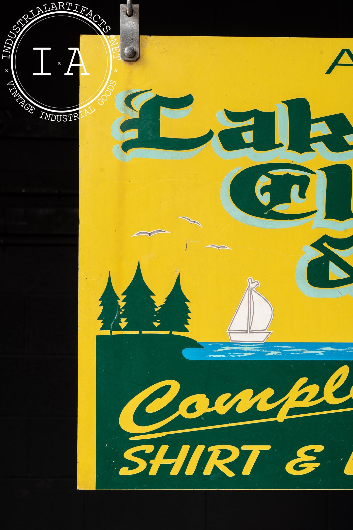 Vintage Lake Mills Cleaners Painted Tin Sign on Bracket