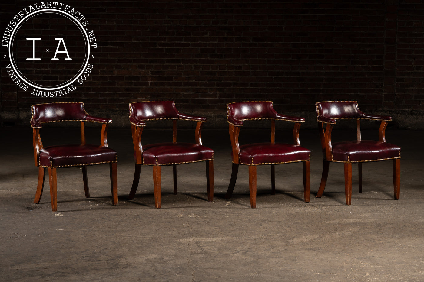 Set Of Four Nailhead Trim Barrel-Back Leather Armchairs in Oxblood