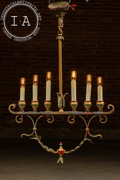 Mediterranean Revival Wrought Iron and Tole Chandelier 1