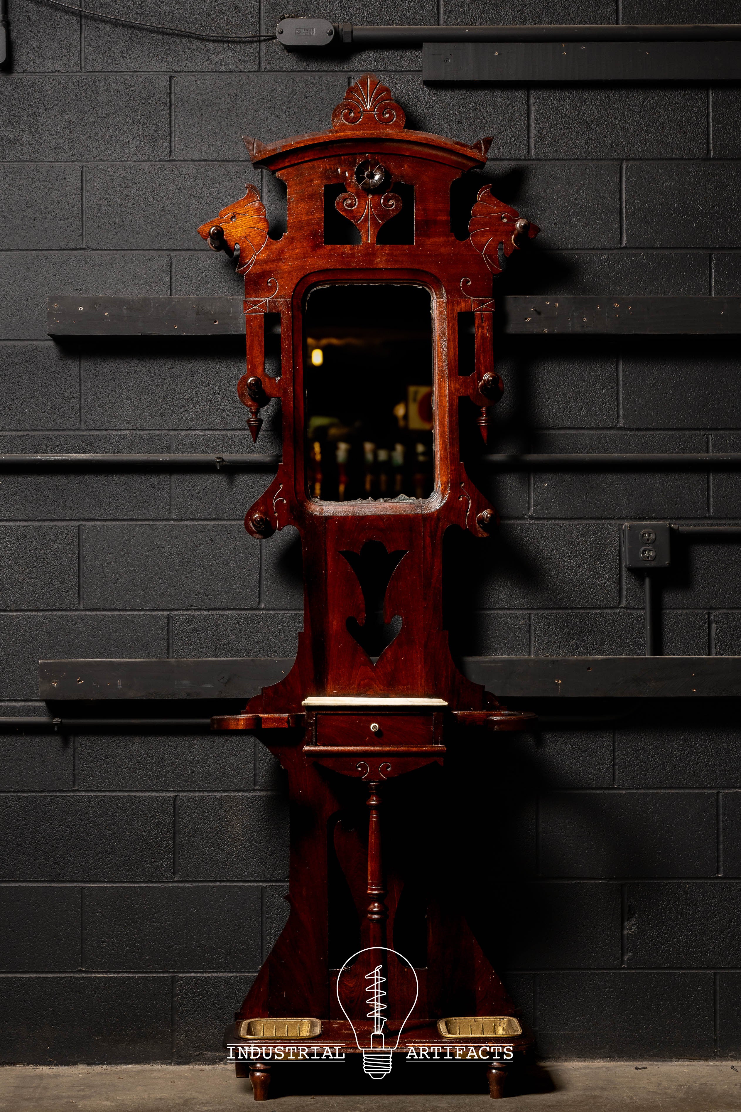 Antique Walnut Hall Tree with Mirror Industrial Artifacts